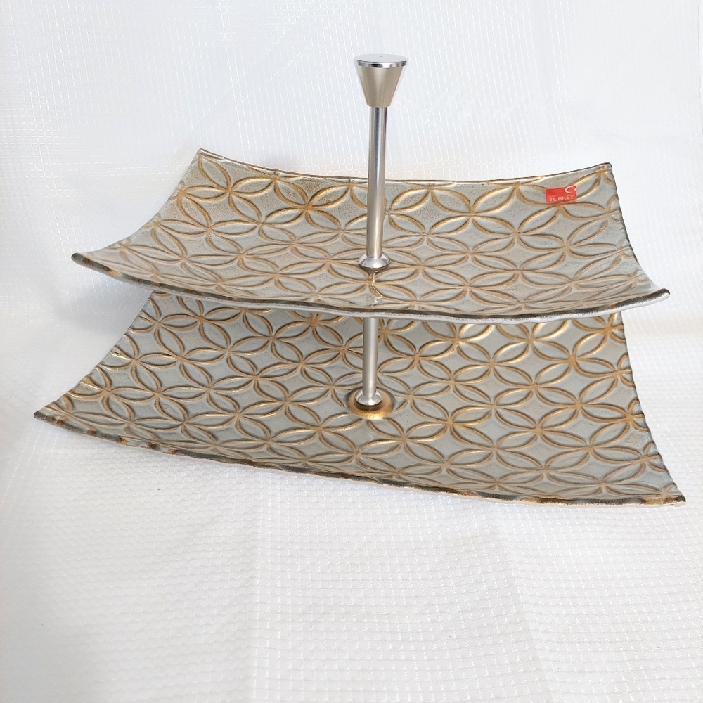 Glass Tidbit Tray 2 Tier Serving Dish Rectangle Gold Silver Geometric Turkey